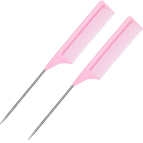 Leinuosen 2 Pack Metal Pin Tail Combs - Pink Heat Resistant Carbon Combs