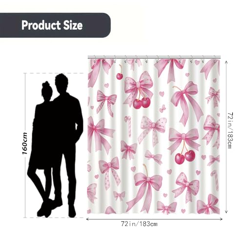 Pink Bow Shower Curtain 72x72 Inch with Cherry Design & Hooks