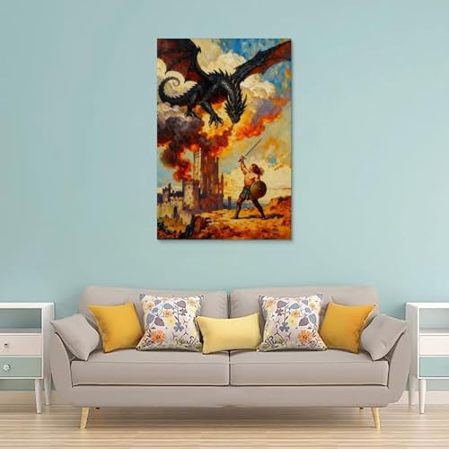 Vintage Warriors vs Dragons Canvas Wall Art - 12x18 Inch
