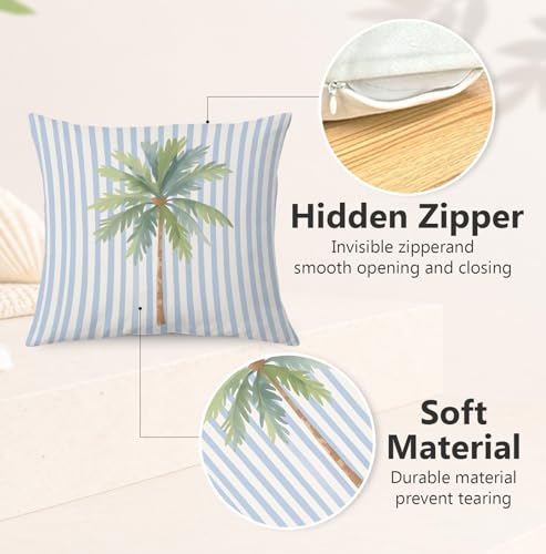 Tropical Palm Tree Blue Striped Pillow Cover 18x18 - Coastal Decor