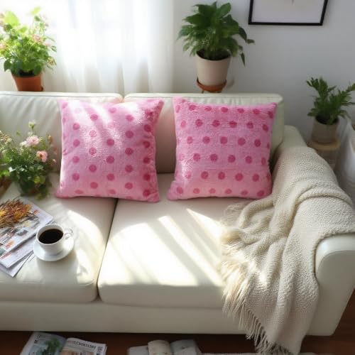 Polka Dot Plush Throw Pillow Covers - Deep Pink, 18"x18" (Set of 2)