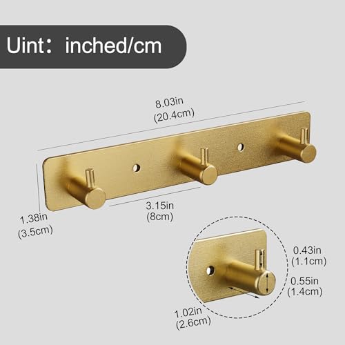 Gold Wall Hooks - 3 Brushed Gold Adhesive Key Hook Rack
