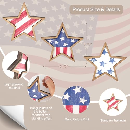 COCHIE Retro 4th of July Wooden Star Decorations Set of 3