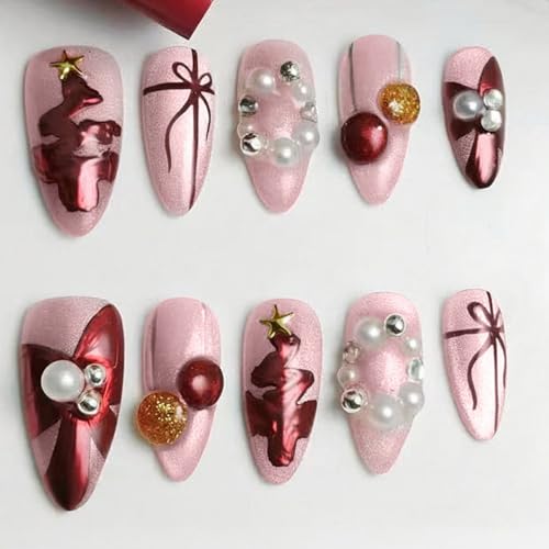 GRITOSE Pink Christmas Press on Nails Medium Almond 3D False Nails with Pearls & Glitter