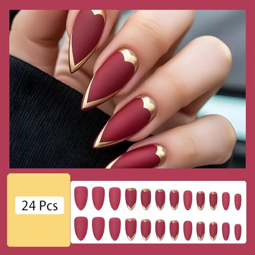 Red Press on Nails Medium Almond Fake Nails with Gold Heart Design