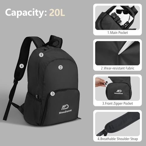 20L Ultra Lightweight Packable Backpack£¬Handy Foldable Waterproof Daypack for Travel, Collapsible Hiking Backpack Camping Outdoor Cycling Backpacking Women & Men, Black