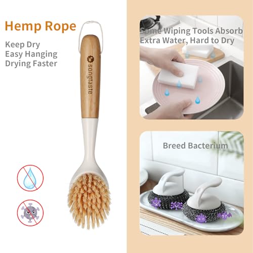 2 Pack Bamboo Handle Dish Brush with Scraper - White