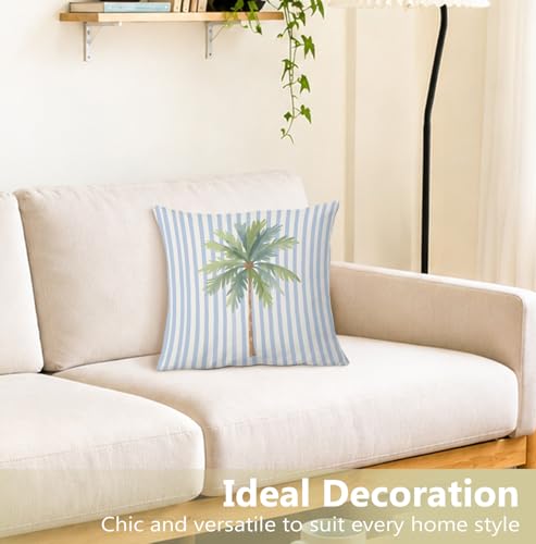 Tropical Palm Tree Blue Striped Pillow Cover 18x18 - Coastal Decor