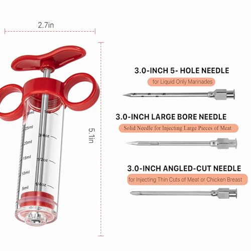 Kingsmile Red Meat Injector Syringe with 3 Needles - 1oz for BBQ & Smoking