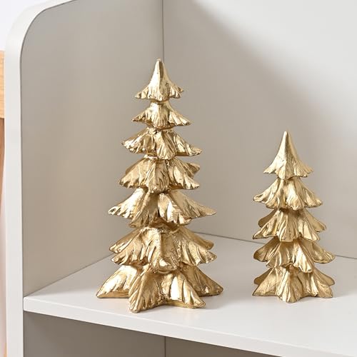 Gold Resin Christmas Tree Figurines Set - Small Holiday Tabletop Decor