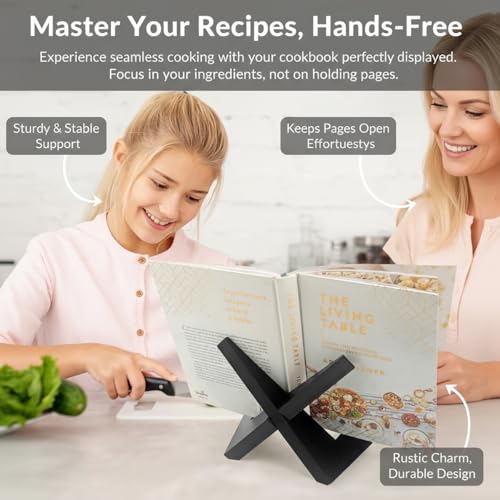 Rustic Black Wooden Cookbook Stand - Farmhouse Recipe Book Holder (8.6x6.7)