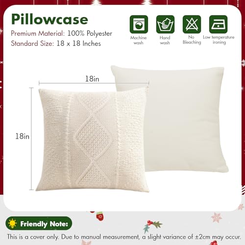 RICHIE 18x18 Inch Knitted Throw Pillow Covers - Set of 2, Cozy Christmas Decor for Sofa & Bedroom, White Diamond Grid