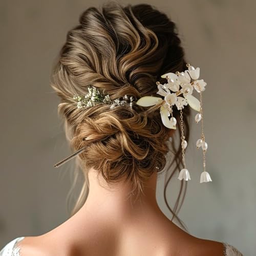 HLTOO Floral Headband and Hair Stick Set - Boho Gold Leaf Bridal Headpiece