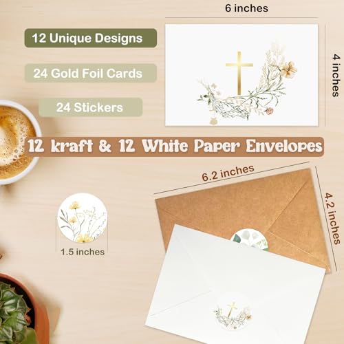 24 Pack Gold Foil Cross Blank Cards with Envelopes - 4x6 Watercolor Designs for Religious Events