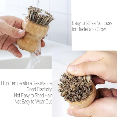 Eco-Friendly Bamboo Dish Brush Set - 1 Long Handle & 2 Palm Scrubbers, Plastic-Free Kitchen Cleaning