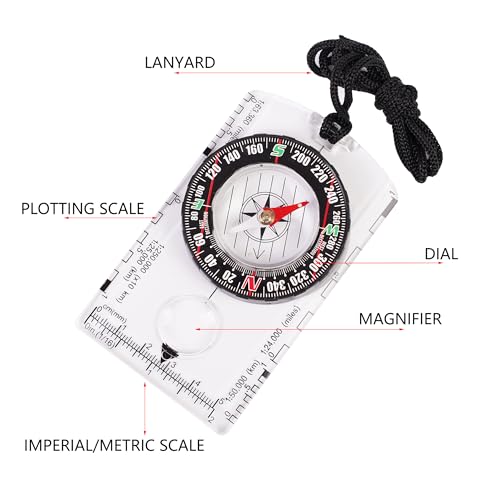4 Pcs Outdoor Compass with Adjustable Declination,Magnifier,Ruler,Scale. Multifunctional Orienteering Waterproof Compass for Map Reading, Navigation, Hiking