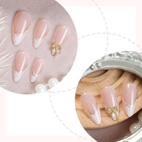 French Press on Nails Almond White Tips with 3D Gold Bow 24Pcs