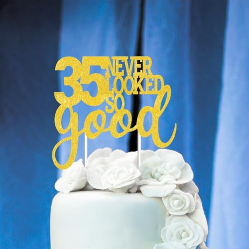 35 Never Looked So Good Gold Glitter Cake Topper for 35th Birthday