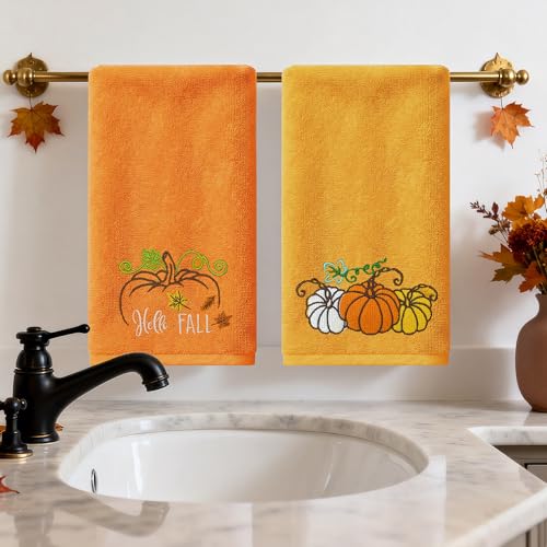 Hexagram Embroidered Fall Hand Towels - Pumpkin Autumn Decor, 14" x 30"
