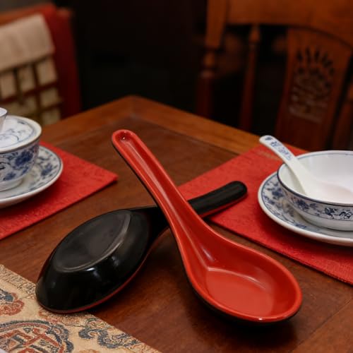 WeiMeet Melamine Soup Spoons - Red and Black Asian Wonton Ramen Spoons, 2 Pcs