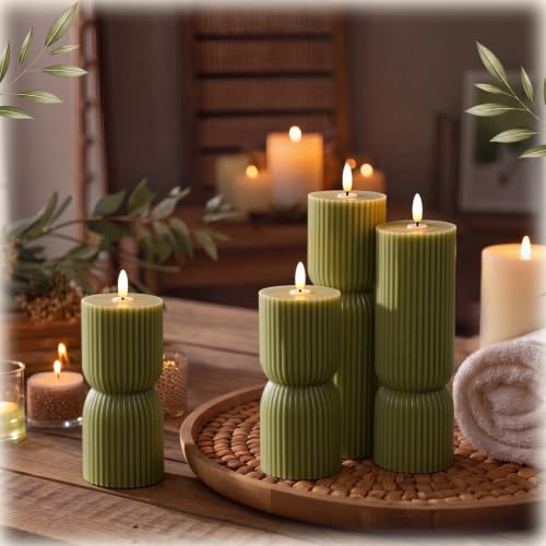 Flameless Candles Set - Real Wax Olive Green Hourglass with Variation Hourglass Ribbed
