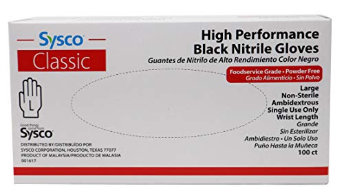 Sysco High Performance Black Nitrile Gloves, Powder Free, Large, 100 Count