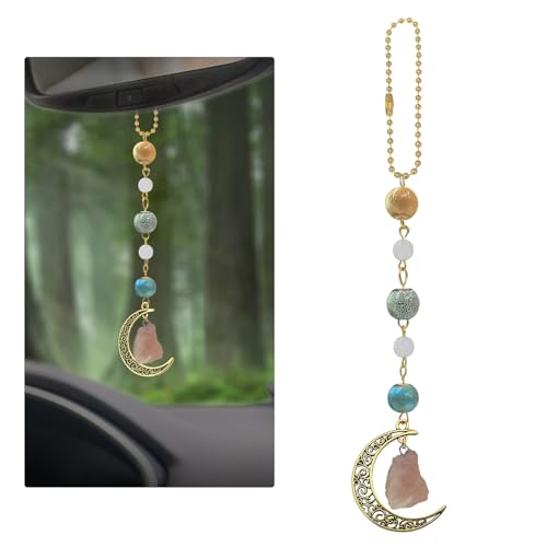 Boho Moon Car Charm with Crystals and Ceramic Pendant for Rearview Mirror, Women's Car Decor