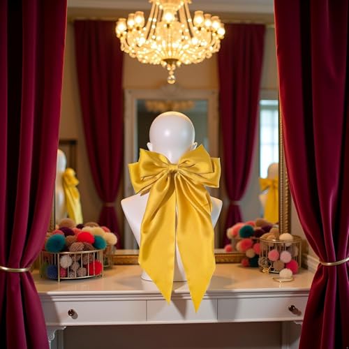 Jumbo Satin Bow Hair Clip with Long Tails Yellow Barrette