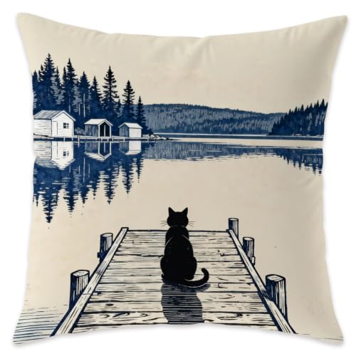 Black Cat Lake House Throw Pillow Cover, 18x18 Coastal Flannelette