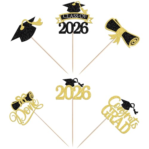 24 Pack Graduation Cupcake Toppers - Gold Glitter Class of 2026
