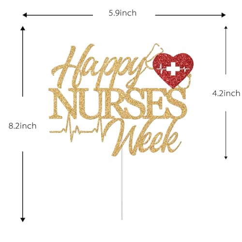 Happy Nurses Week Cake Topper - Gold & Red Glitter Decoration