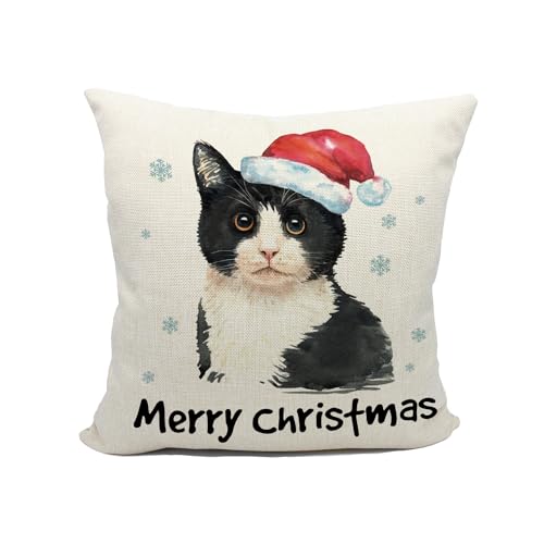 Christmas Cat Pillow Cover 18x18 - Cotton Linen Decorative Throw Pillow for Cat Lovers