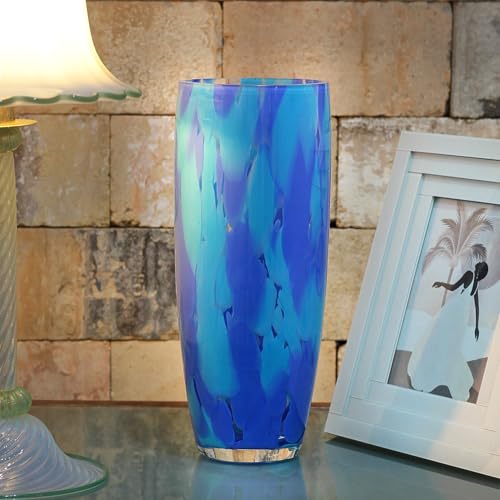 Murano Style Hand Blown Glass Vase with Confetti Effect - Blue, 12.6 Inch Home Decor