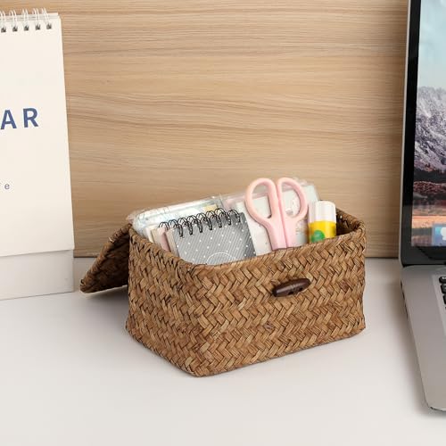 Coffee Wicker Basket with Lid - 6.1" x 4" x 3.3" Seagrass Organizer