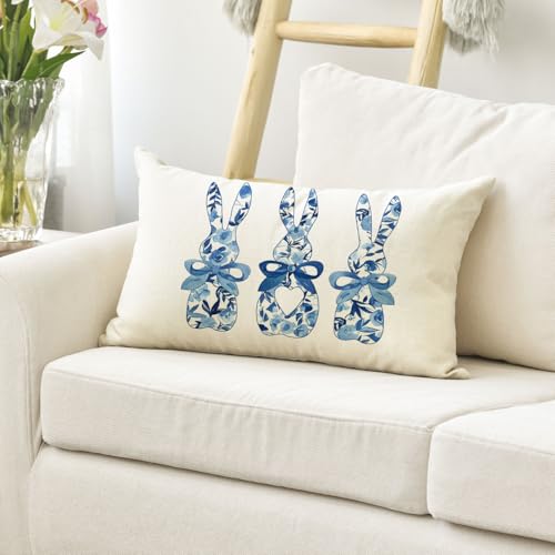 Easter Bunny Throw Pillow Cover - Blue & White Floral Design, 12x20