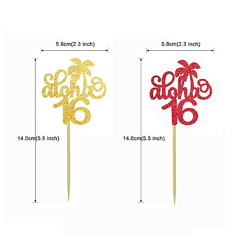 Gold Glitter Aloha 16th Cupcake Toppers - 24 PCS Party Decor