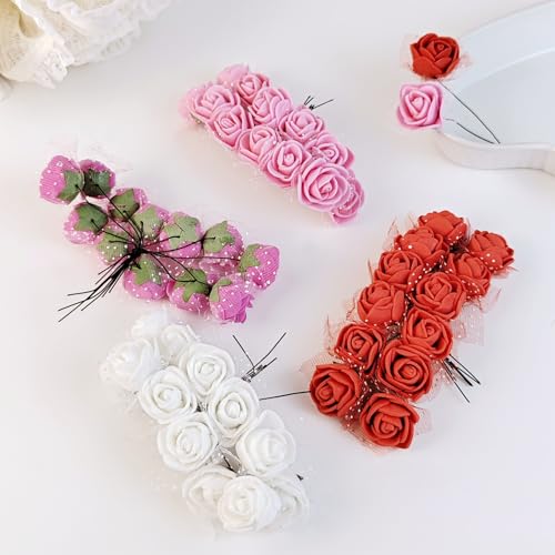 36 Pcs Mini Artificial Red Rose Flower Heads 25mm Faux Roses for DIY Wedding Crafts and Hair Clips
