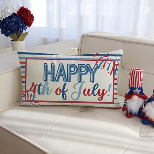 Patriotic 4th of July Throw Pillow Cover, 12x20 Inch Stripe Cushion Case
