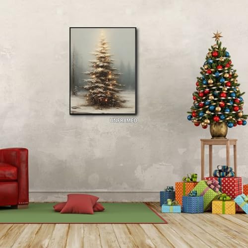 Christmas Tree Canvas Wall Art - Vintage Winter Scene, 24x36 Inches, Unframed