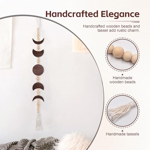 30 Inch Moon Phase Wall Decor with Wooden Beads and Tassel - Boho Moon Wall Hanging for Bedroom, Living Room, Office