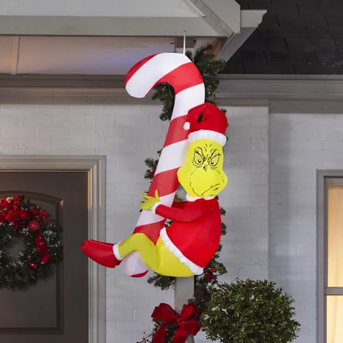 Inflatable Hanging Grinch with Candy Cane - 4.5 ft Christmas Decor