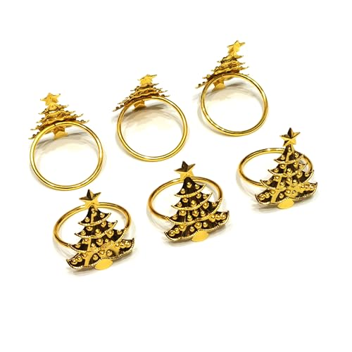 Christmas Tree Napkin Rings Set of 6 - Gold Xmas Tree Holder Buckles - Variation of 6 / Tree - Gold