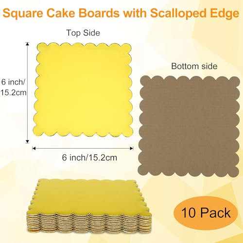 Dulinkas 8 Inch Square Gold Cake Boards with Scalloped Edge - 10 Pack