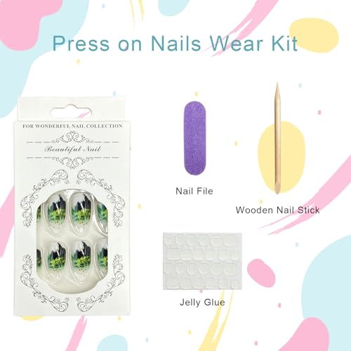Green Press on Nails Medium Oval False Nails Forest Pine Tree Design 24Pcs