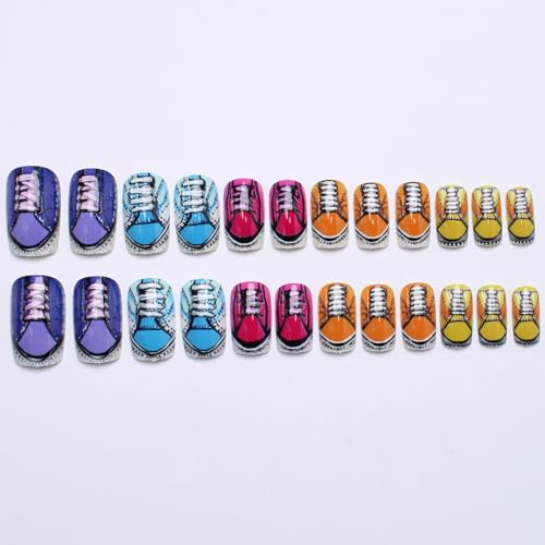Press on Nails Medium Square French False Nails Colorful Glossy Acrylic