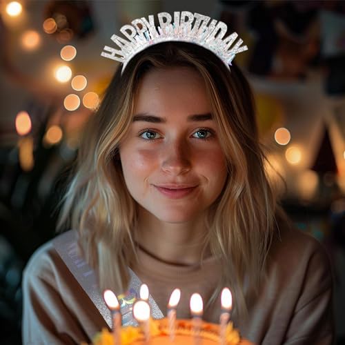 Silver Birthday Headband and Sash Set for Women and Girls