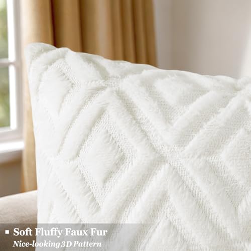 Pallene Cream White Faux Fur Throw Pillow Covers Set of 2 - 18x18 Decorative Pillow Cases with 3D Diamond Pattern