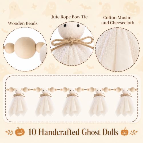 Pextian Beige 6.5Ft Halloween Ghost Garland with Wooden Beads, Handmade Halloween Decor