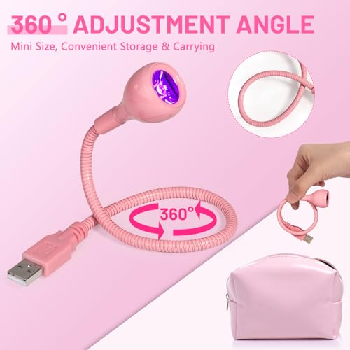 AORAEM 3W USB UV Nail Lamp with Flexible Gooseneck - Pink Portable Gel Curing Light