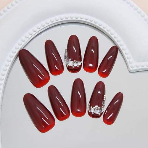 OSTTMA Dark Wine Red Press on Nails Medium Almond Rhinestone False Nails